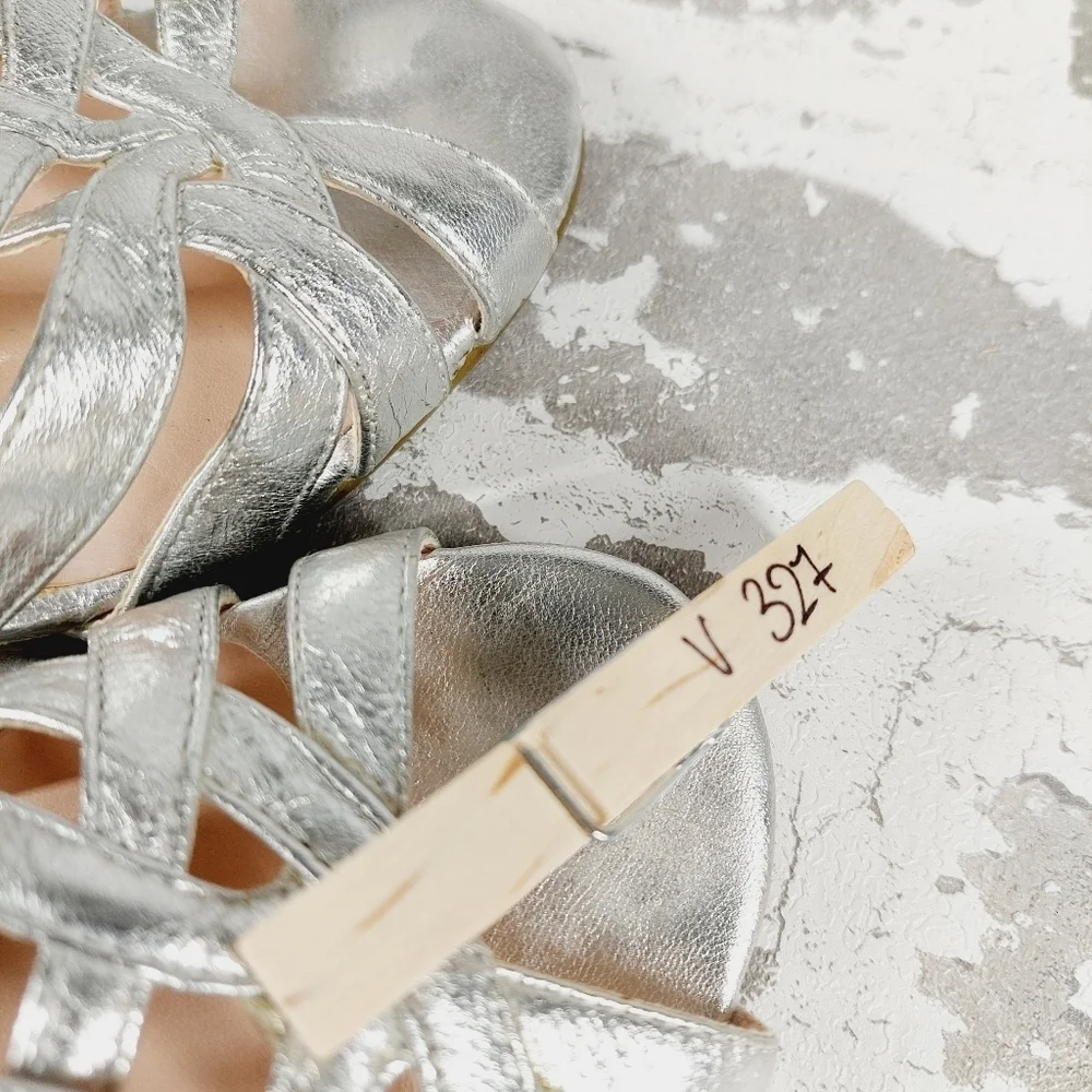Talbots Women's Silver Genuine Leather Platform Strap Wedge Sandals V327